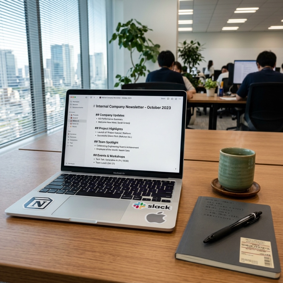 日本のオフィスにて、MacBookでNotion AIのドキュメントを編集している様子