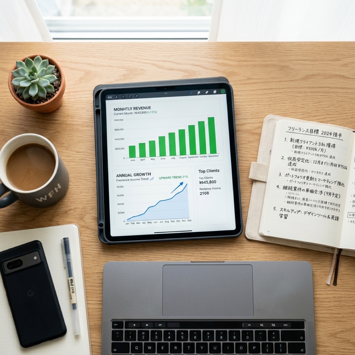 AI副業の月収モデルと作業時間の目安を示したフリーランサーのワークスペース