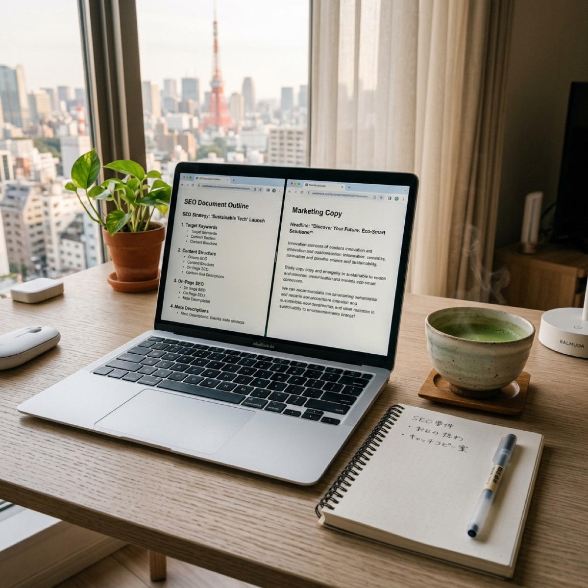 ノートPCでココナラとChatGPTを並べて作業するフリーランサーのデスク風景