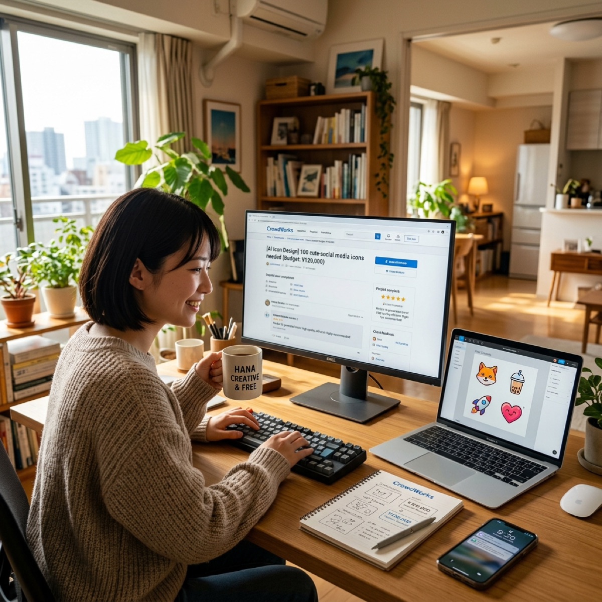 自宅のPCでクラウドソーシングの画面を開き、AIで作成したSNSアイコンを確認している様子