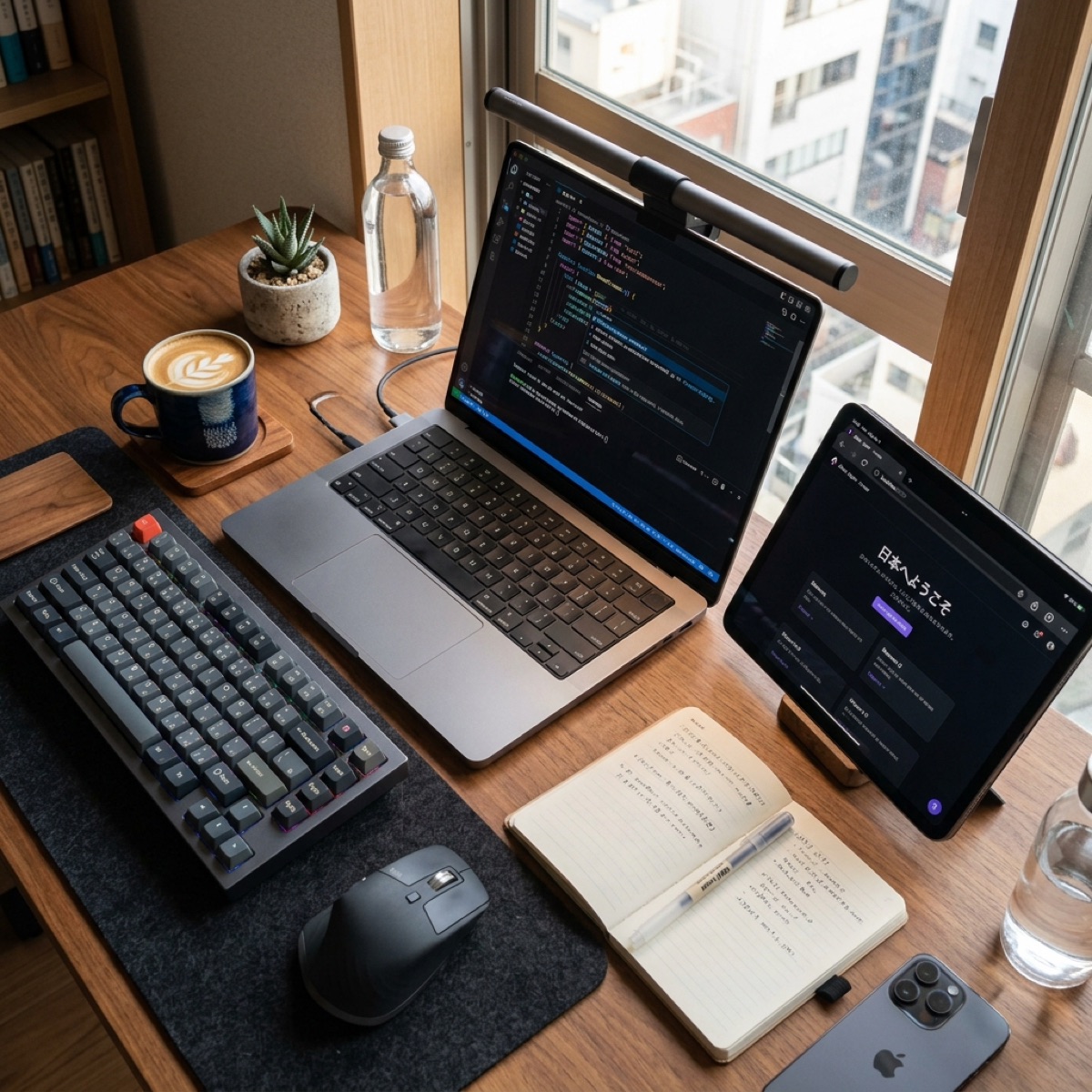 MacBookでCursorエディタを開き、横に置いたiPadでVercelのプレビューを確認している開発者のデスク