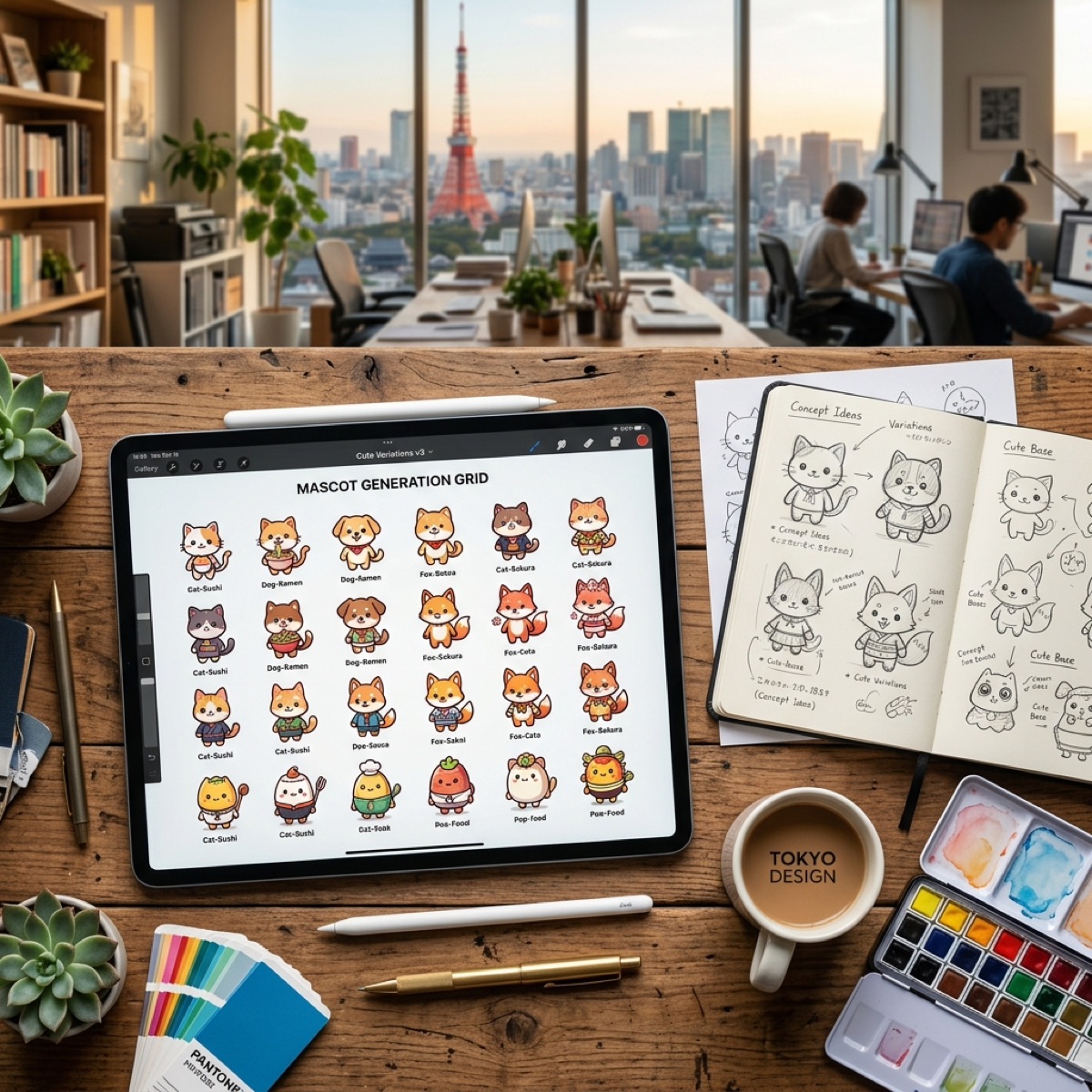 iPad上に一貫性のある可愛いキャラクターのバリエーションが並んでおり、隣には紙のスケッチがあるデザイナーのデスク